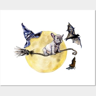 Halloween theme bulldog on a broomstick Posters and Art